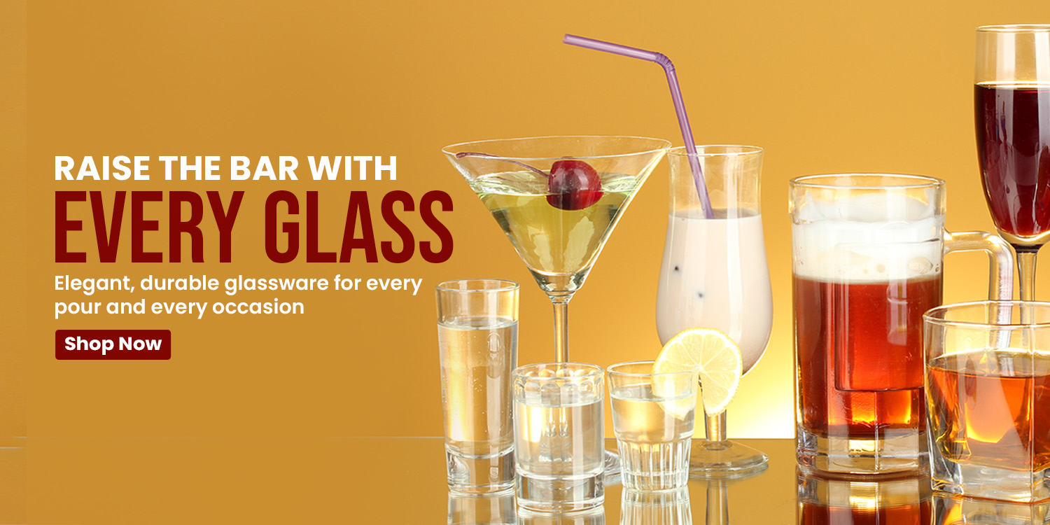 A wide selection of elegant and durable bar glassware for every occasion, including martini glasses, beer mugs, and whiskey tumblers.